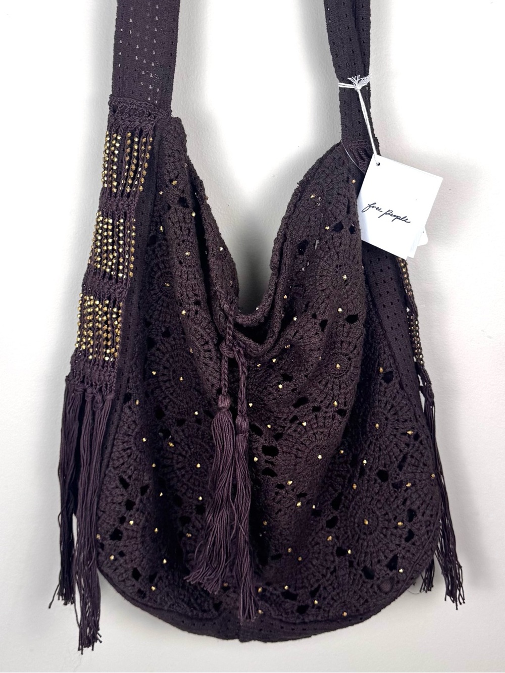 Free People Sunrise To Sunset Crochet Tote Bag Brown Fringe - Picture 1 of 17